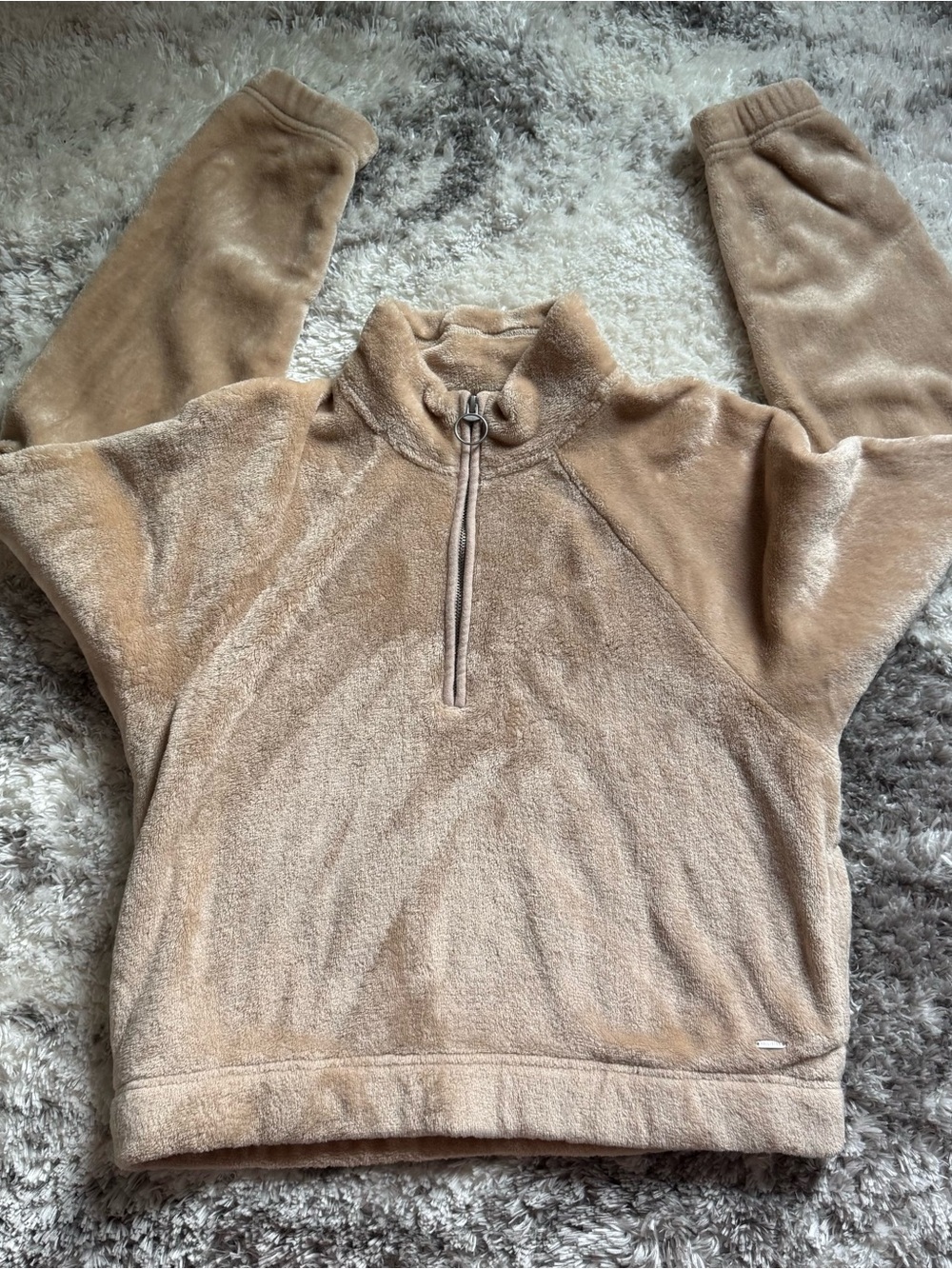 Hollister NWOT Co. Cozy Teddy Fleece Quarter Zip Crop Pullover Small Soft Tan